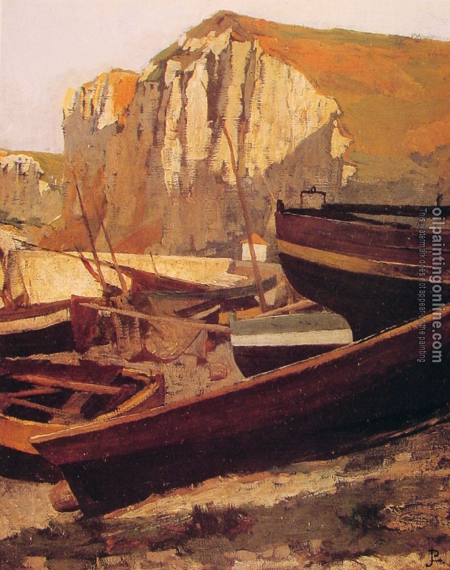 Jean-Paul Laurens - Barques au pied dune falaise en Normandie